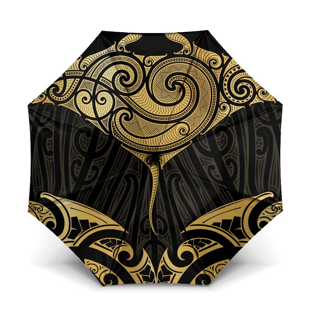 Gold Black New Zealand Manta Ray Umbrella Aotearoa Maori Haehae - Polynesian Pride