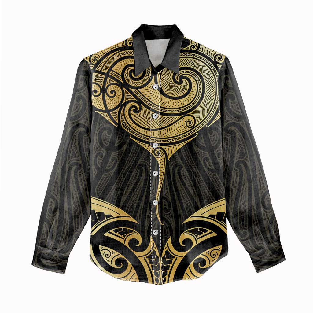 Gold Black New Zealand Manta Ray Women Casual Shirt Aotearoa Maori Haehae - Polynesian Pride