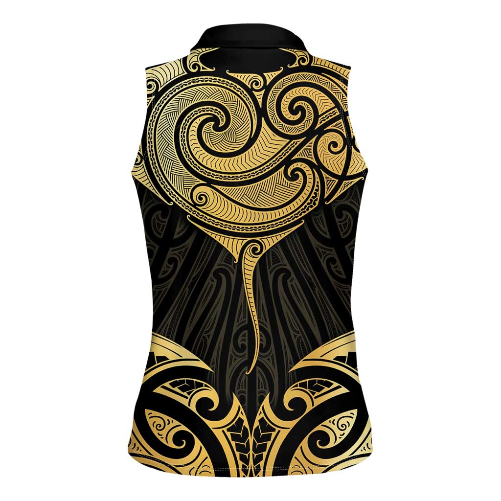 Gold Black New Zealand Manta Ray Women Sleeveless Polo Shirt Aotearoa Maori Haehae - Polynesian Pride