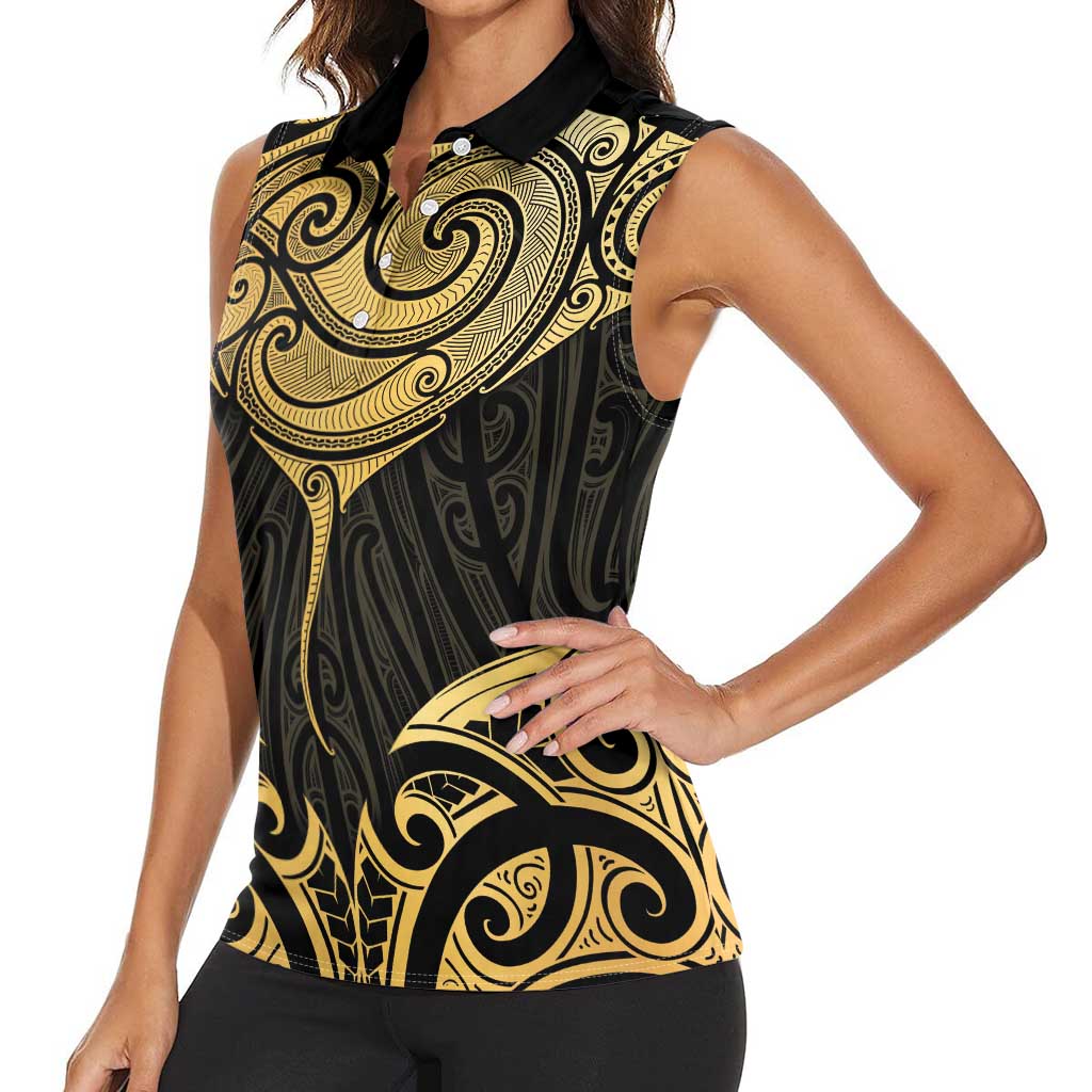 Gold Black New Zealand Manta Ray Women Sleeveless Polo Shirt Aotearoa Maori Haehae - Polynesian Pride