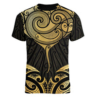 Gold Black New Zealand Manta Ray Women V-Neck T-Shirt Aotearoa Maori Haehae - Polynesian Pride