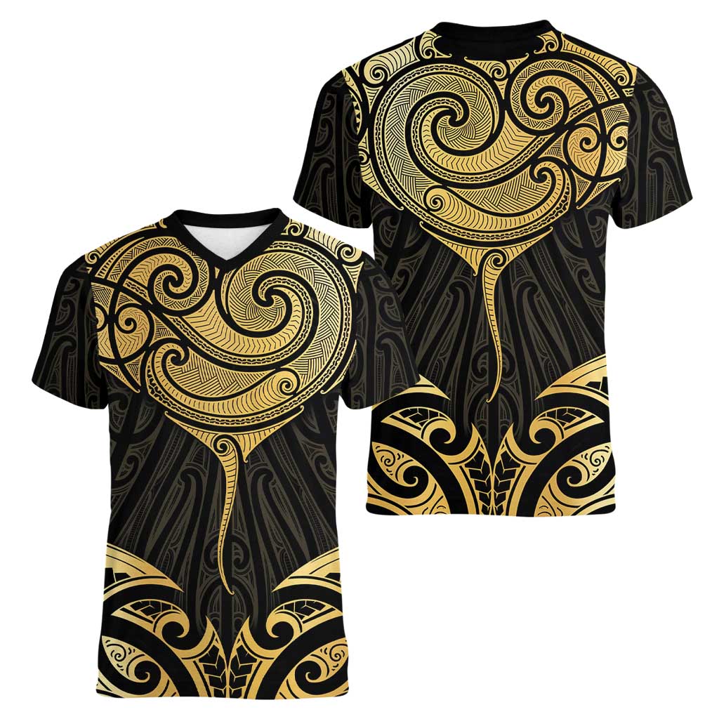 Gold Black New Zealand Manta Ray Women V-Neck T-Shirt Aotearoa Maori Haehae - Polynesian Pride