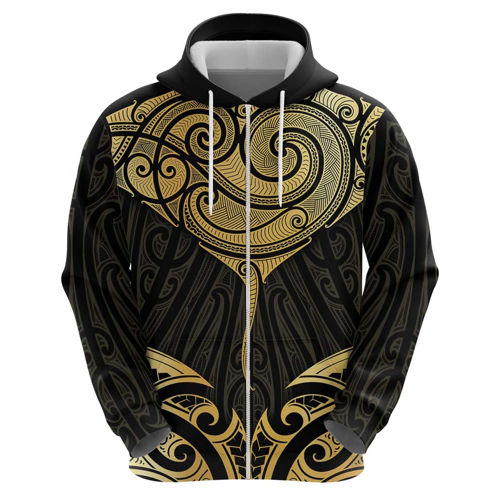 Gold Black New Zealand Manta Ray Zip Hoodie Aotearoa Maori Haehae - Polynesian Pride
