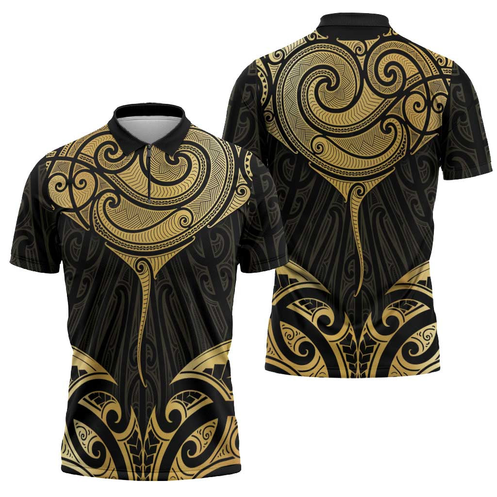 Gold Black New Zealand Manta Ray Zipper Polo Shirt Aotearoa Maori Haehae - Polynesian Pride