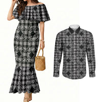 Eleele Hawaii Iwa Bird Palaka Motifs Couples Matching Mermaid Dress and Long Sleeve Button Shirt LT14 Black - Polynesian Pride