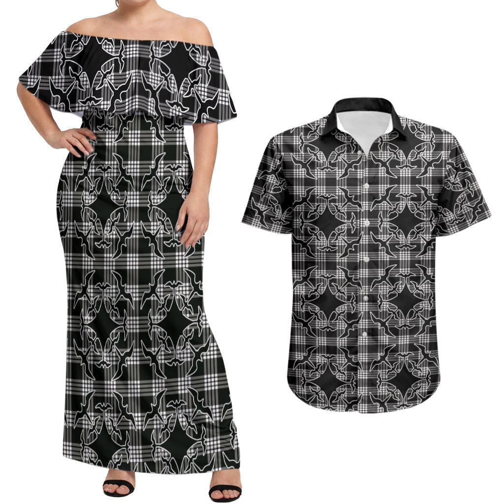 Eleele Hawaii Iwa Bird Palaka Motifs Couples Matching Off Shoulder Maxi Dress and Hawaiian Shirt LT14 Black - Polynesian Pride