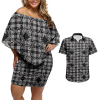 Eleele Hawaii Iwa Bird Palaka Motifs Couples Matching Off Shoulder Short Dress and Hawaiian Shirt LT14 Black - Polynesian Pride