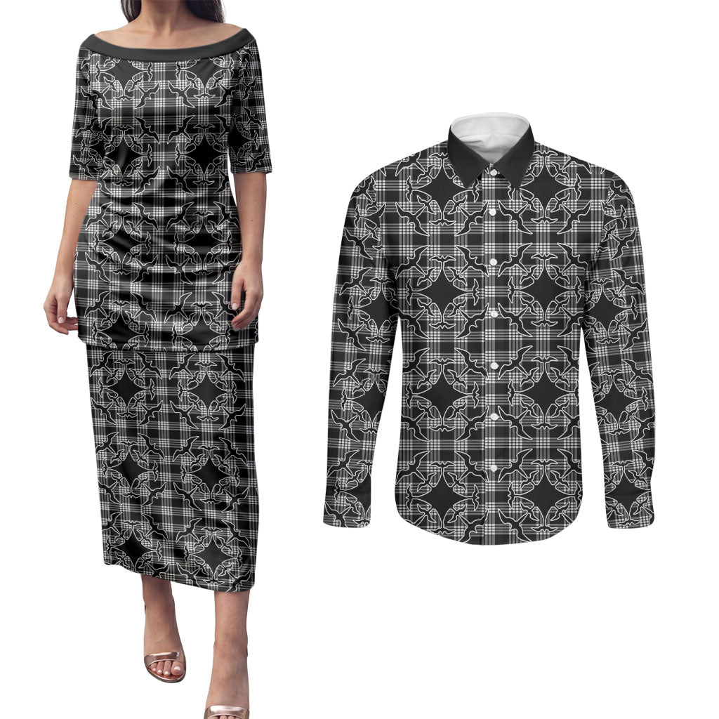 Eleele Hawaii Iwa Bird Palaka Motifs Couples Matching Puletasi and Long Sleeve Button Shirt LT14 Black - Polynesian Pride