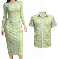 Omaomao Hawaii Iwa Bird Palaka Motifs Couples Matching Long Sleeve Bodycon Dress and Hawaiian Shirt LT14 Green - Polynesian Pride