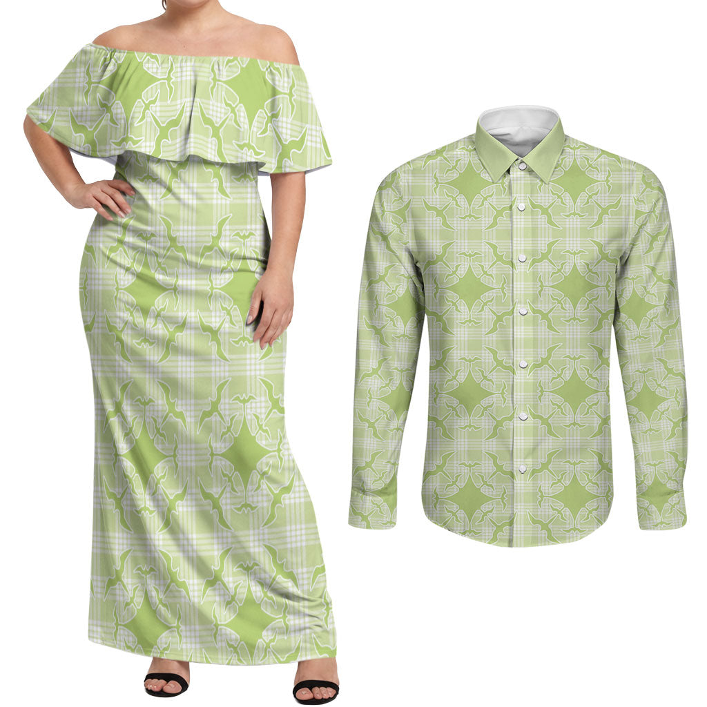 Omaomao Hawaii Iwa Bird Palaka Motifs Couples Matching Off Shoulder Maxi Dress and Long Sleeve Button Shirt LT14 Green - Polynesian Pride
