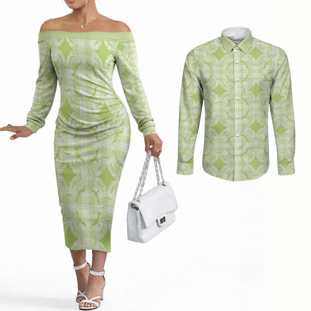Omaomao Hawaii Iwa Bird Palaka Motifs Couples Matching Off The Shoulder Long Sleeve Dress and Long Sleeve Button Shirt LT14 Green - Polynesian Pride