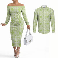 Omaomao Hawaii Iwa Bird Palaka Motifs Couples Matching Off The Shoulder Long Sleeve Dress and Long Sleeve Button Shirt LT14 Green - Polynesian Pride