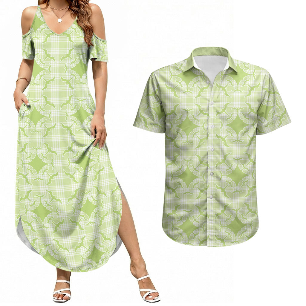 Omaomao Hawaii Iwa Bird Palaka Motifs Couples Matching Summer Maxi Dress and Hawaiian Shirt LT14 Green - Polynesian Pride