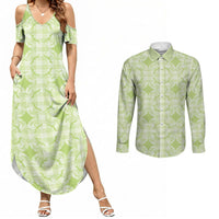 Omaomao Hawaii Iwa Bird Palaka Motifs Couples Matching Summer Maxi Dress and Long Sleeve Button Shirt LT14 Green - Polynesian Pride