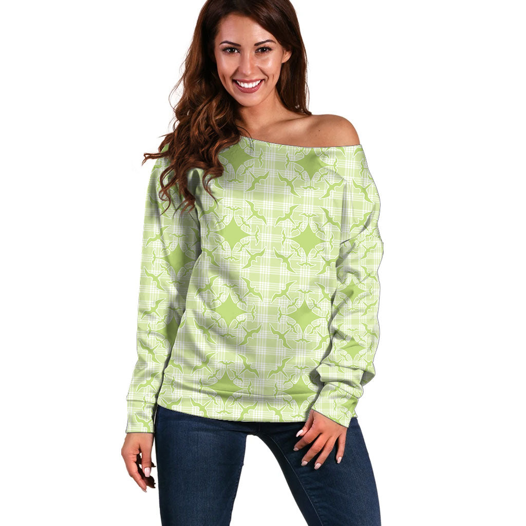 Omaomao Hawaii Iwa Bird Palaka Motifs Off Shoulder Sweater LT14 Women Green - Polynesian Pride