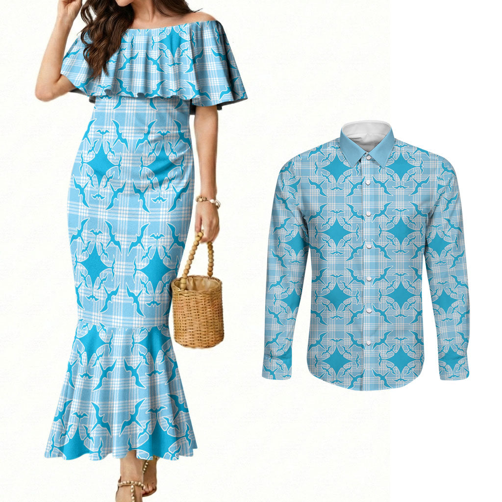 Polu Hawaii Iwa Bird Palaka Motifs Couples Matching Mermaid Dress and Long Sleeve Button Shirt LT14 Blue - Polynesian Pride