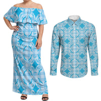 Polu Hawaii Iwa Bird Palaka Motifs Couples Matching Off Shoulder Maxi Dress and Long Sleeve Button Shirt LT14 Blue - Polynesian Pride