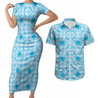 Polu Hawaii Iwa Bird Palaka Motifs Couples Matching Short Sleeve Bodycon Dress and Hawaiian Shirt LT14 Blue - Polynesian Pride