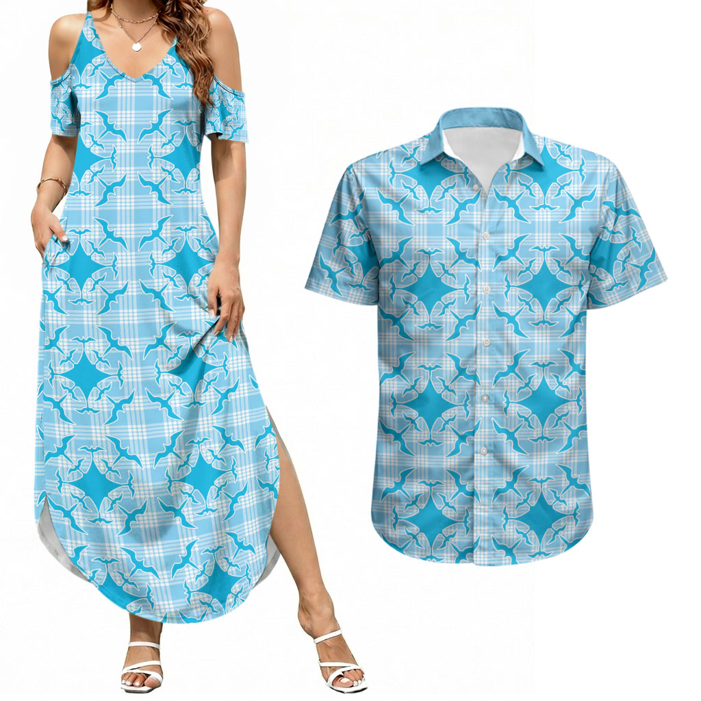 Polu Hawaii Iwa Bird Palaka Motifs Couples Matching Summer Maxi Dress and Hawaiian Shirt LT14 Blue - Polynesian Pride