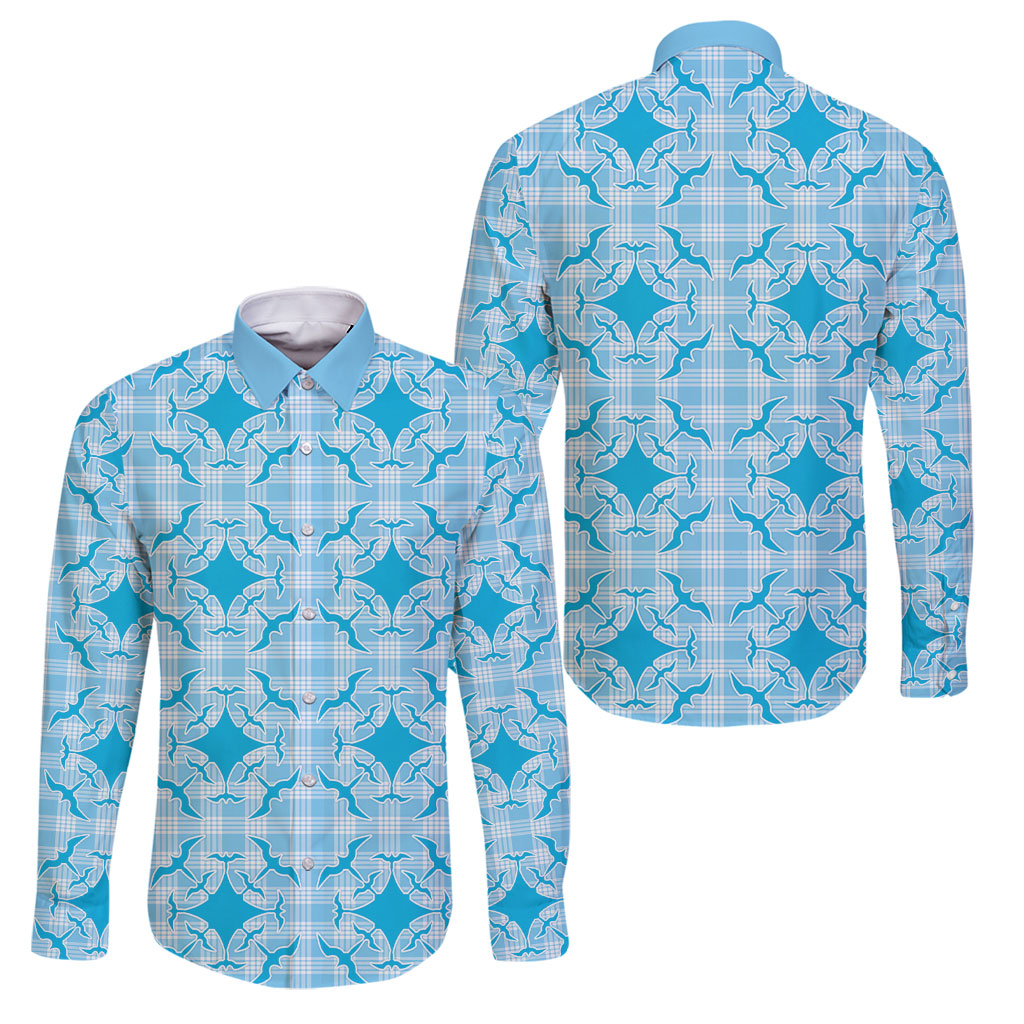 Polu Hawaii Iwa Bird Palaka Motifs Family Matching Puletasi and Hawaiian Shirt LT14 Dad's Shirt - Long Sleeve Blue - Polynesian Pride