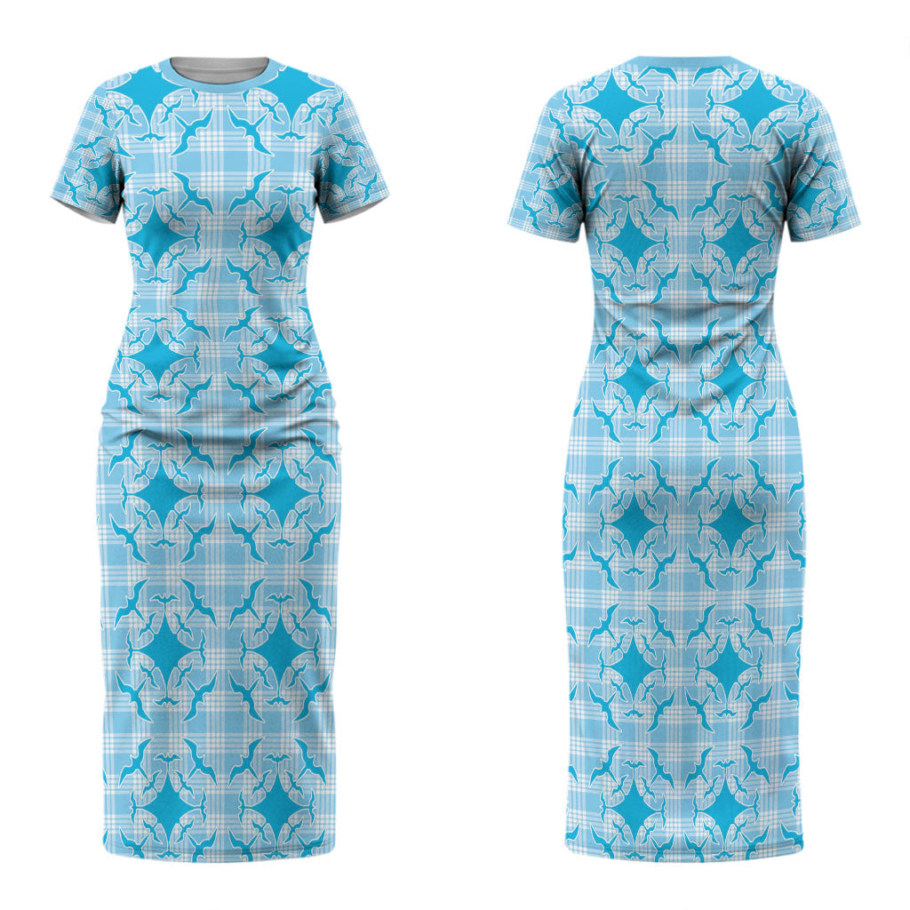 Polu Hawaii Iwa Bird Palaka Motifs Family Matching Short Sleeve Bodycon Dress and Hawaiian Shirt LT14 Mom's Dress Blue - Polynesian Pride