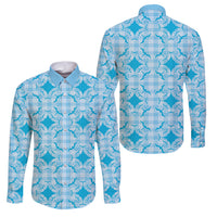 Polu Hawaii Iwa Bird Palaka Motifs Family Matching Short Sleeve Bodycon Dress and Hawaiian Shirt LT14 Dad's Shirt - Long Sleeve Blue - Polynesian Pride