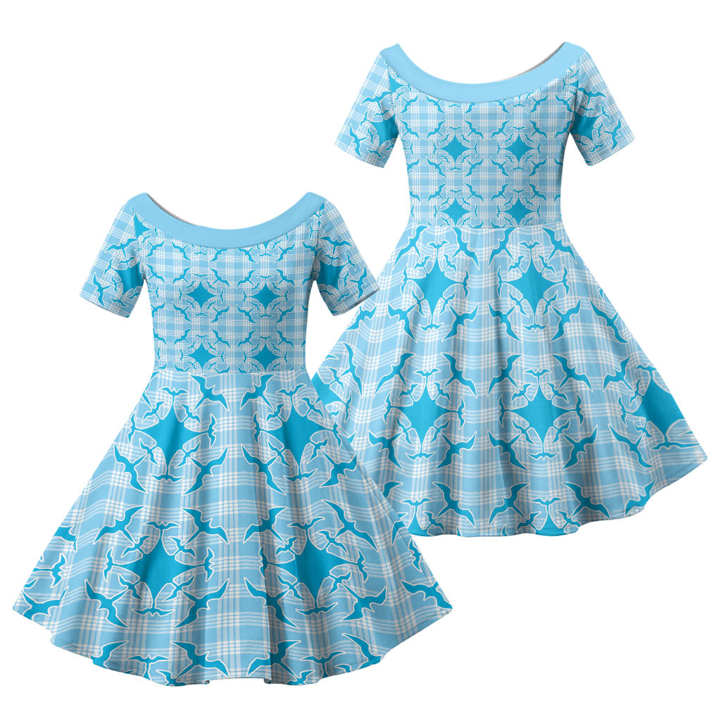 Polu Hawaii Iwa Bird Palaka Motifs Family Matching Short Sleeve Bodycon Dress and Hawaiian Shirt LT14 Daughter's Dress Blue - Polynesian Pride