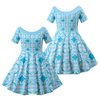 Polu Hawaii Iwa Bird Palaka Motifs Family Matching Short Sleeve Bodycon Dress and Hawaiian Shirt LT14 Daughter's Dress Blue - Polynesian Pride