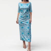 Polu Hawaii Iwa Bird Palaka Motifs Puletasi LT14 Long Dress Blue - Polynesian Pride