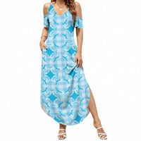 Polu Hawaii Iwa Bird Palaka Motifs Summer Maxi Dress LT14 Women Blue - Polynesian Pride