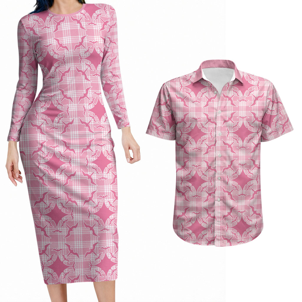 Alaka Hawaii Iwa Bird Palaka Motifs Couples Matching Long Sleeve Bodycon Dress and Hawaiian Shirt LT14 Pink - Polynesian Pride