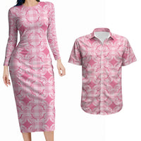 Alaka Hawaii Iwa Bird Palaka Motifs Couples Matching Long Sleeve Bodycon Dress and Hawaiian Shirt LT14 Pink - Polynesian Pride