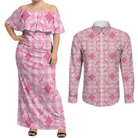 Alaka Hawaii Iwa Bird Palaka Motifs Couples Matching Off Shoulder Maxi Dress and Long Sleeve Button Shirt LT14 Pink - Polynesian Pride