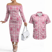 Alaka Hawaii Iwa Bird Palaka Motifs Couples Matching Off The Shoulder Long Sleeve Dress and Hawaiian Shirt LT14 Pink - Polynesian Pride