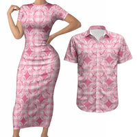 Alaka Hawaii Iwa Bird Palaka Motifs Couples Matching Short Sleeve Bodycon Dress and Hawaiian Shirt LT14 Pink - Polynesian Pride