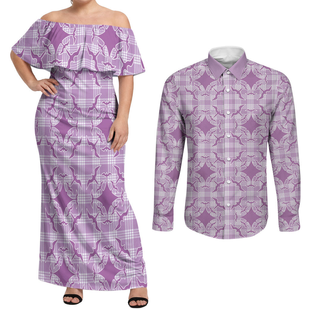 Poni Hawaii Iwa Bird Palaka Motifs Couples Matching Off Shoulder Maxi Dress and Long Sleeve Button Shirt LT14 Purple - Polynesian Pride