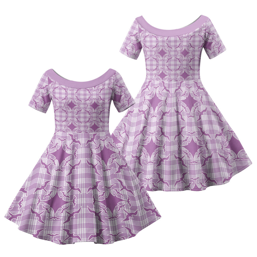 Poni Hawaii Iwa Bird Palaka Motifs Family Matching Off The Shoulder Long Sleeve Dress and Hawaiian Shirt LT14 Daughter's Dress Purple - Polynesian Pride