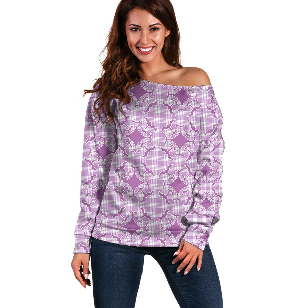 Poni Hawaii Iwa Bird Palaka Motifs Off Shoulder Sweater LT14 Women Purple - Polynesian Pride