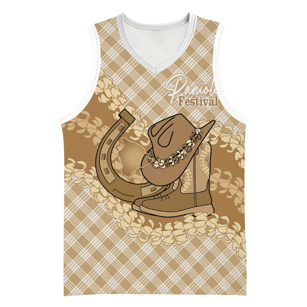 Makue Hawaii Cowboy Palaka Motifs Personalised Basketball Jersey Paniolo Festival Puakenikeni Lei LT14 Unisex Brown - Polynesian Pride