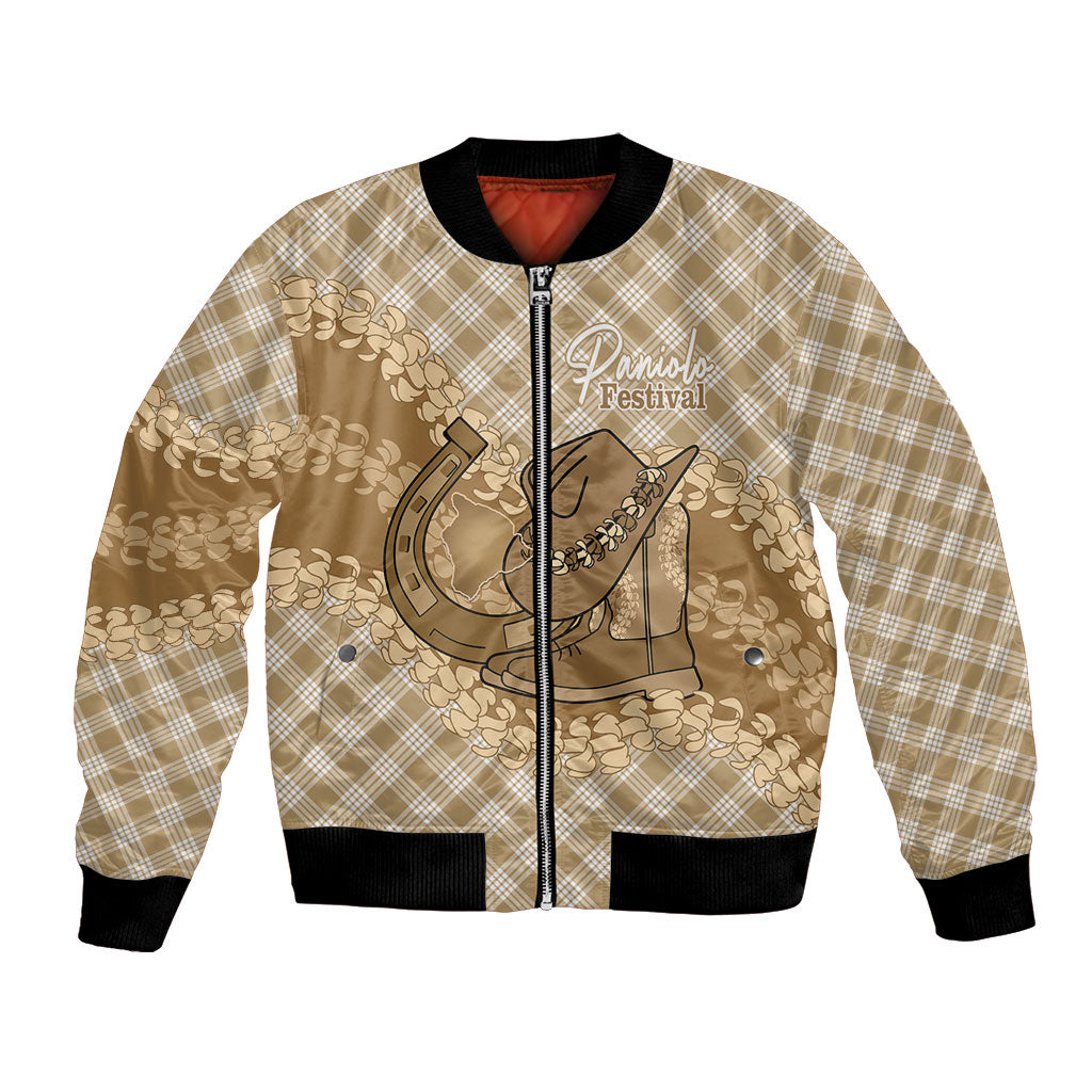 Makue Hawaii Cowboy Palaka Motifs Personalised Bomber Jacket Paniolo Festival Puakenikeni Lei LT14 Unisex Brown - Polynesian Pride