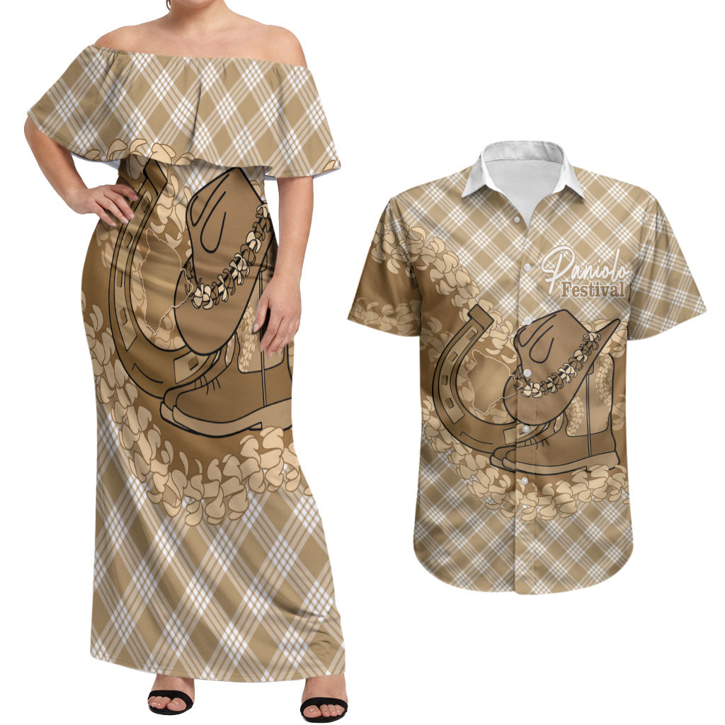 Makue Hawaii Cowboy Palaka Motifs Personalised Couples Matching Off Shoulder Maxi Dress and Hawaiian Shirt Paniolo Festival Puakenikeni Lei LT14 Brown - Polynesian Pride