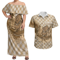 Makue Hawaii Cowboy Palaka Motifs Personalised Couples Matching Off Shoulder Maxi Dress and Hawaiian Shirt Paniolo Festival Puakenikeni Lei LT14 Brown - Polynesian Pride
