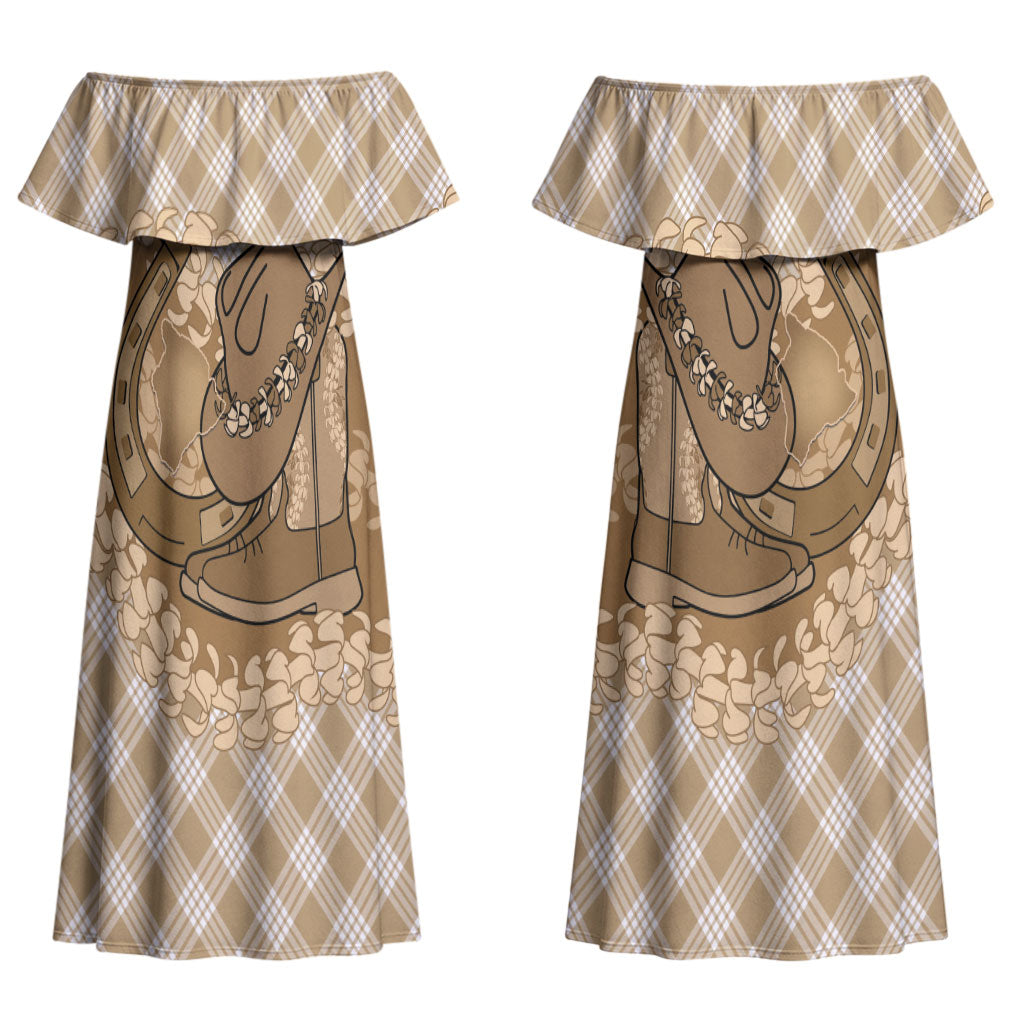 Makue Hawaii Cowboy Palaka Motifs Personalised Couples Matching Off Shoulder Maxi Dress and Hawaiian Shirt Paniolo Festival Puakenikeni Lei LT14 - Polynesian Pride