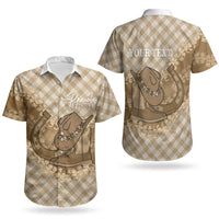 Makue Hawaii Cowboy Palaka Motifs Personalised Couples Matching Off Shoulder Short Dress and Hawaiian Shirt Paniolo Festival Puakenikeni Lei LT14 - Polynesian Pride