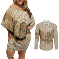 Makue Hawaii Cowboy Palaka Motifs Personalised Couples Matching Off Shoulder Short Dress and Long Sleeve Button Shirt Paniolo Festival Puakenikeni Lei LT14 Brown - Polynesian Pride