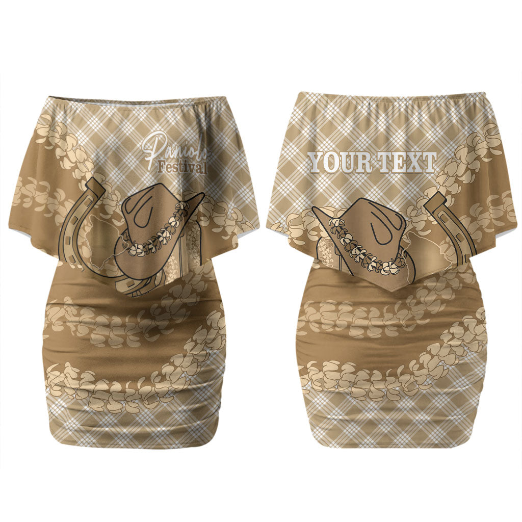 Makue Hawaii Cowboy Palaka Motifs Personalised Couples Matching Off Shoulder Short Dress and Long Sleeve Button Shirt Paniolo Festival Puakenikeni Lei LT14 - Polynesian Pride