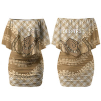 Makue Hawaii Cowboy Palaka Motifs Personalised Couples Matching Off Shoulder Short Dress and Long Sleeve Button Shirt Paniolo Festival Puakenikeni Lei LT14 - Polynesian Pride