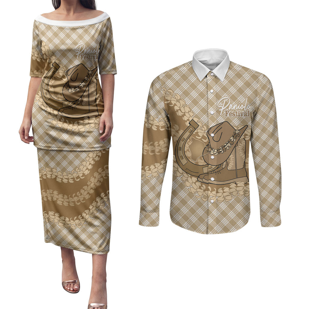 Makue Hawaii Cowboy Palaka Motifs Personalised Couples Matching Puletasi and Long Sleeve Button Shirt Paniolo Festival Puakenikeni Lei LT14 Brown - Polynesian Pride