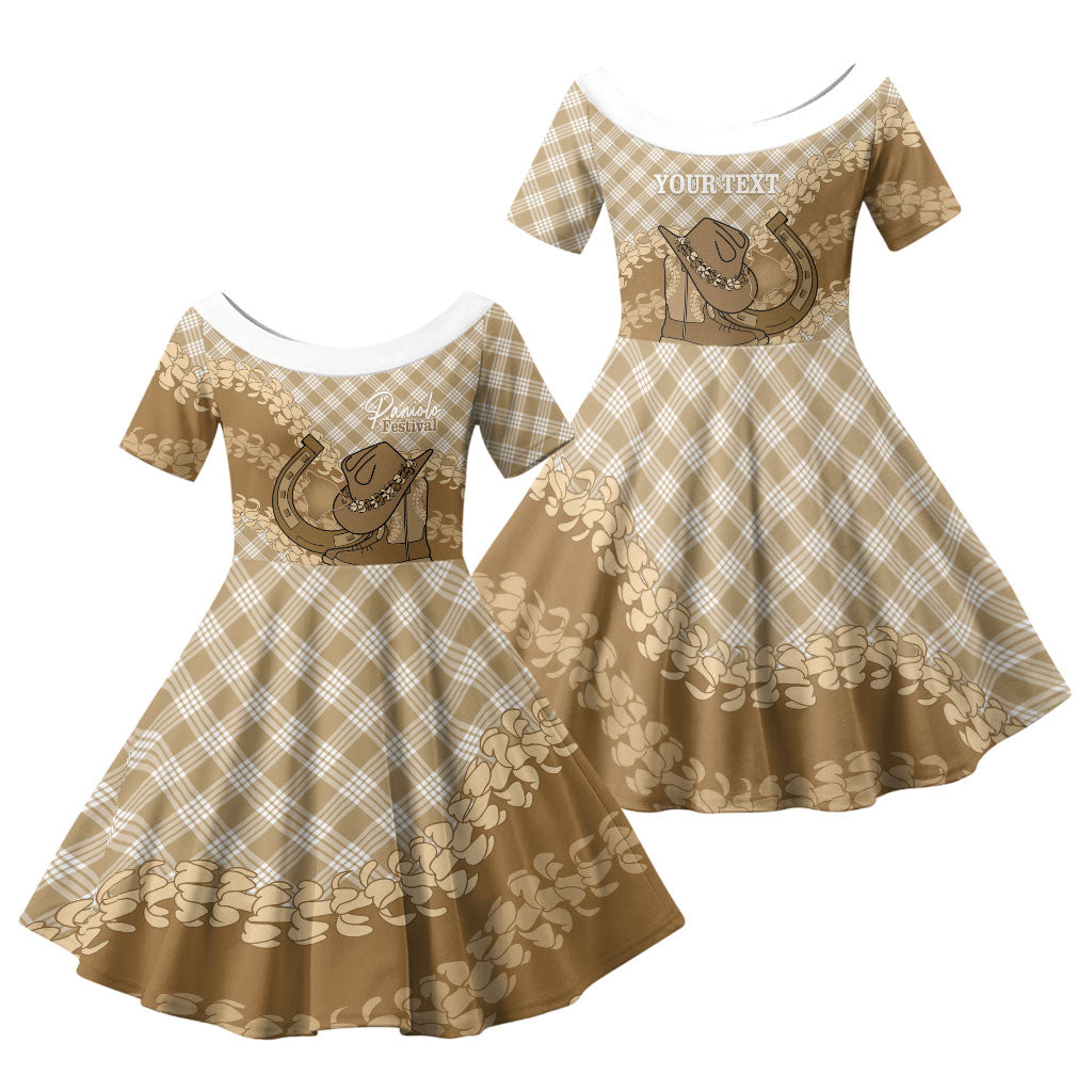 Makue Hawaii Cowboy Palaka Motifs Personalised Family Matching Off The Shoulder Long Sleeve Dress and Hawaiian Shirt Paniolo Festival Puakenikeni Lei LT14 Daughter's Dress Brown - Polynesian Pride