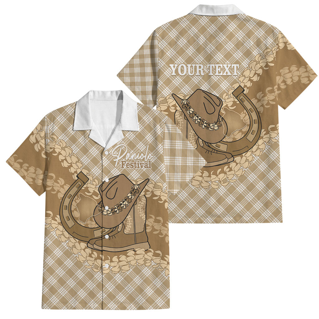 Makue Hawaii Cowboy Palaka Motifs Personalised Family Matching Off Shoulder Maxi Dress and Hawaiian Shirt Paniolo Festival Puakenikeni Lei LT14 Dad's Shirt - Short Sleeve Brown - Polynesian Pride